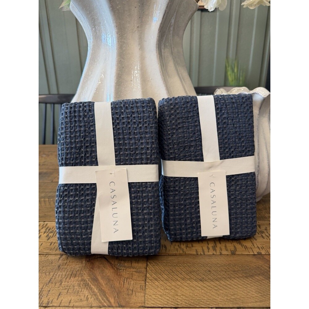 Set Of Two Euro Textured Waffle Pillow Sham Dark Mineral Blue - Casaluna NEW